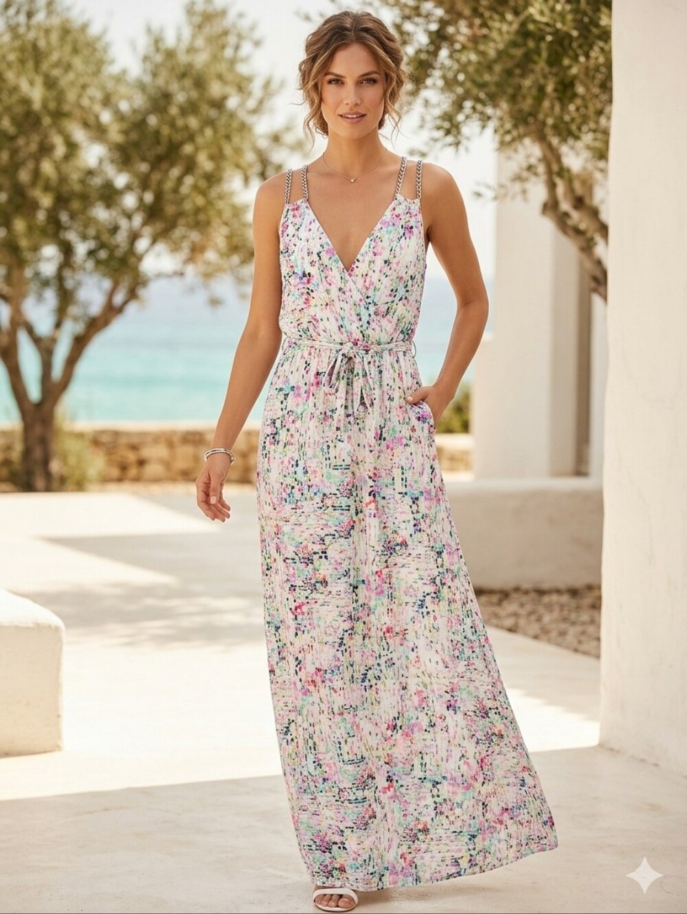 Guess Sleeveless V-Neck Printed Maxi Dress in Pastel Confetti